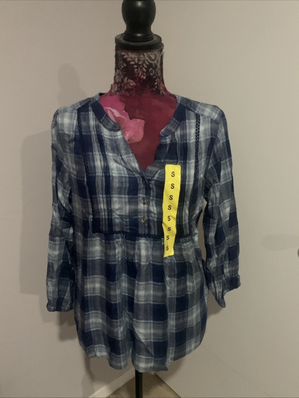 Wrangler Blue and White Plaid Peasant Tunic